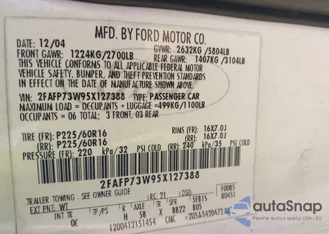 2005 Ford Crown Victoria Standard from USA, damaged, VIN 2FAFP73W95X127388